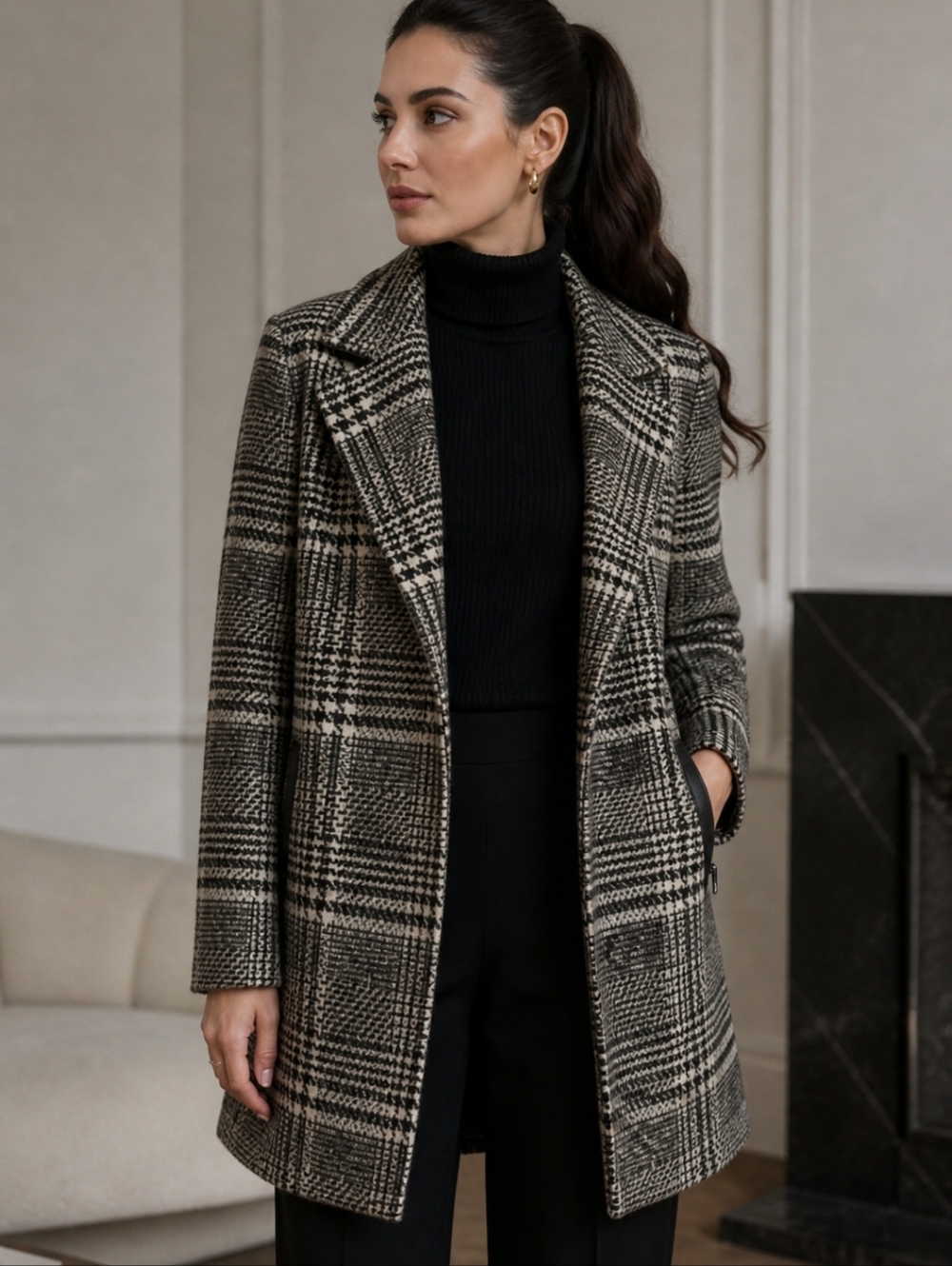 Houndstooth Chic Black and White Plaid Y2k Swiftie vibes Long Jacket Coat sz XL